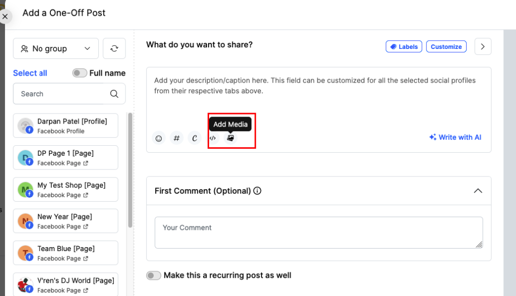 Post composer with the Add Media button