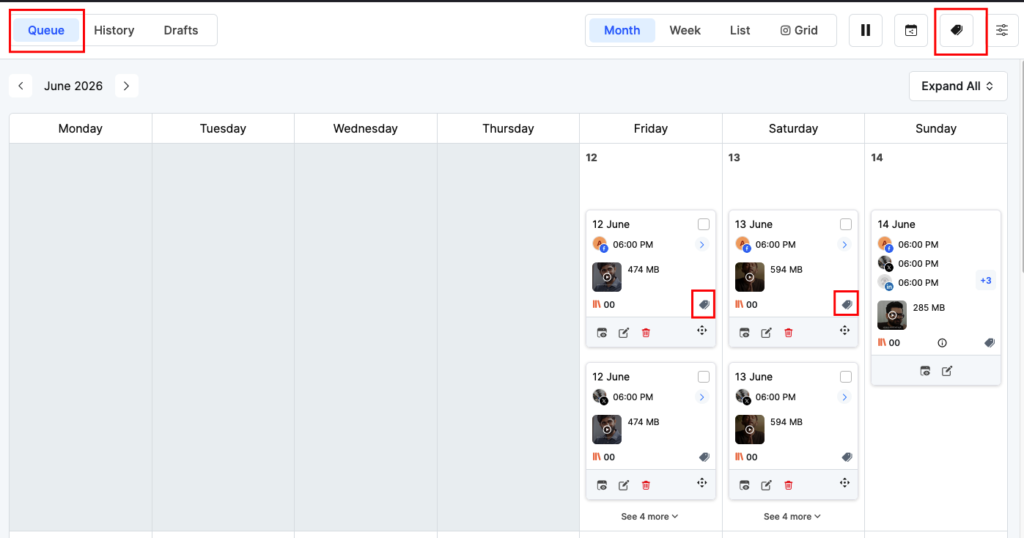 Queue calendar view with label tags and filter icon highlighted